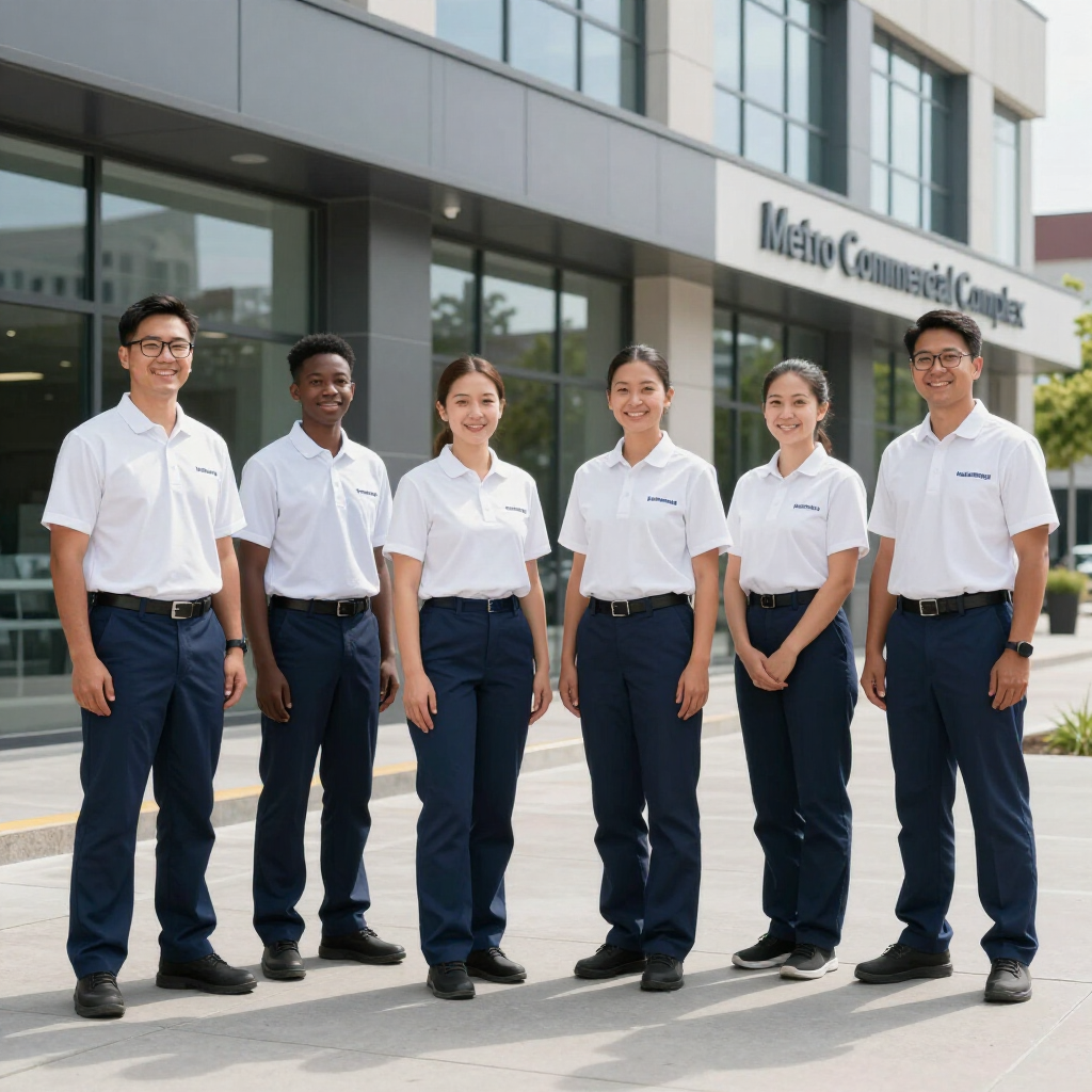 Six uniformed staff standing outside a modern building entrance on a sunny day