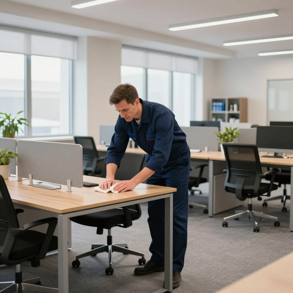 Man cleaning a desk in a bright modern office