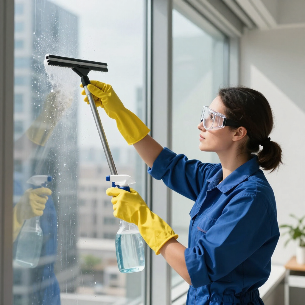 Cleaner squeegeeing a glass window, wearing yellow gloves, blue uniform, and safety goggles