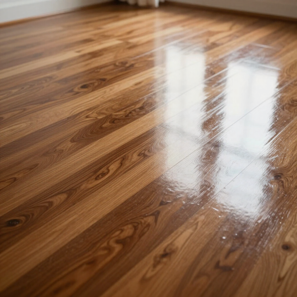 Polished hardwood floor with sunlight reflections from a nearby window