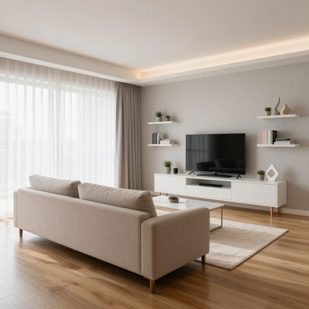 Minimalist living room with beige sofa, TV console, wall shelves, and large sheer-curtained windows