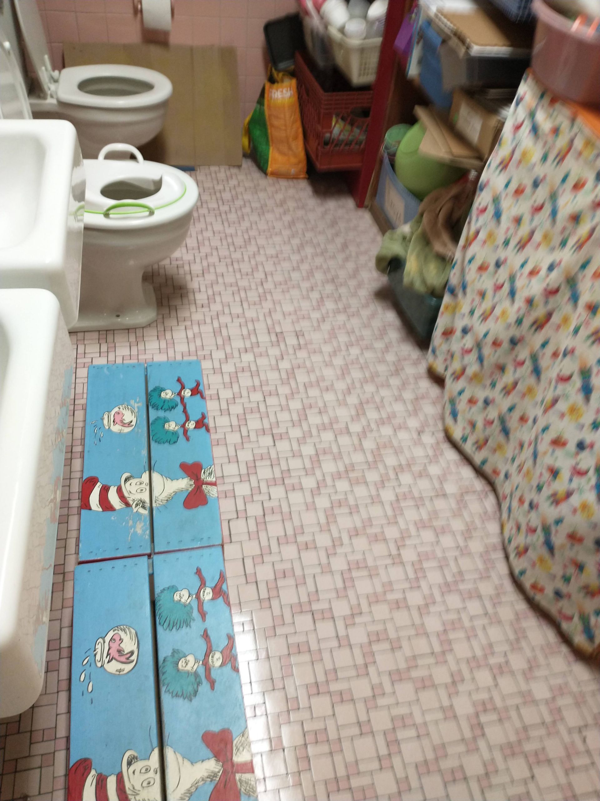 Narrow bathroom with toilet, sink, patterned floor, blue toy mat, and floral shower curtain