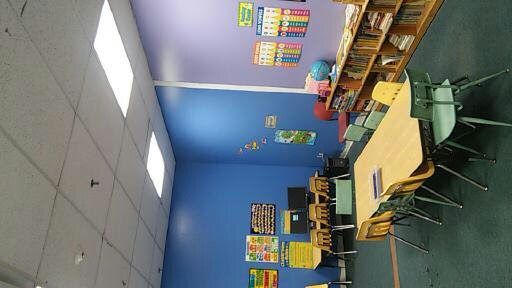 Empty classroom with blue walls, tables, chairs, and colorful educational posters on the wall.