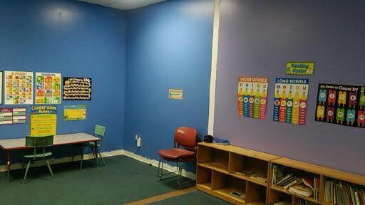 Empty classroom corner with blue walls, educational posters, a red chair, and low wooden cubbies