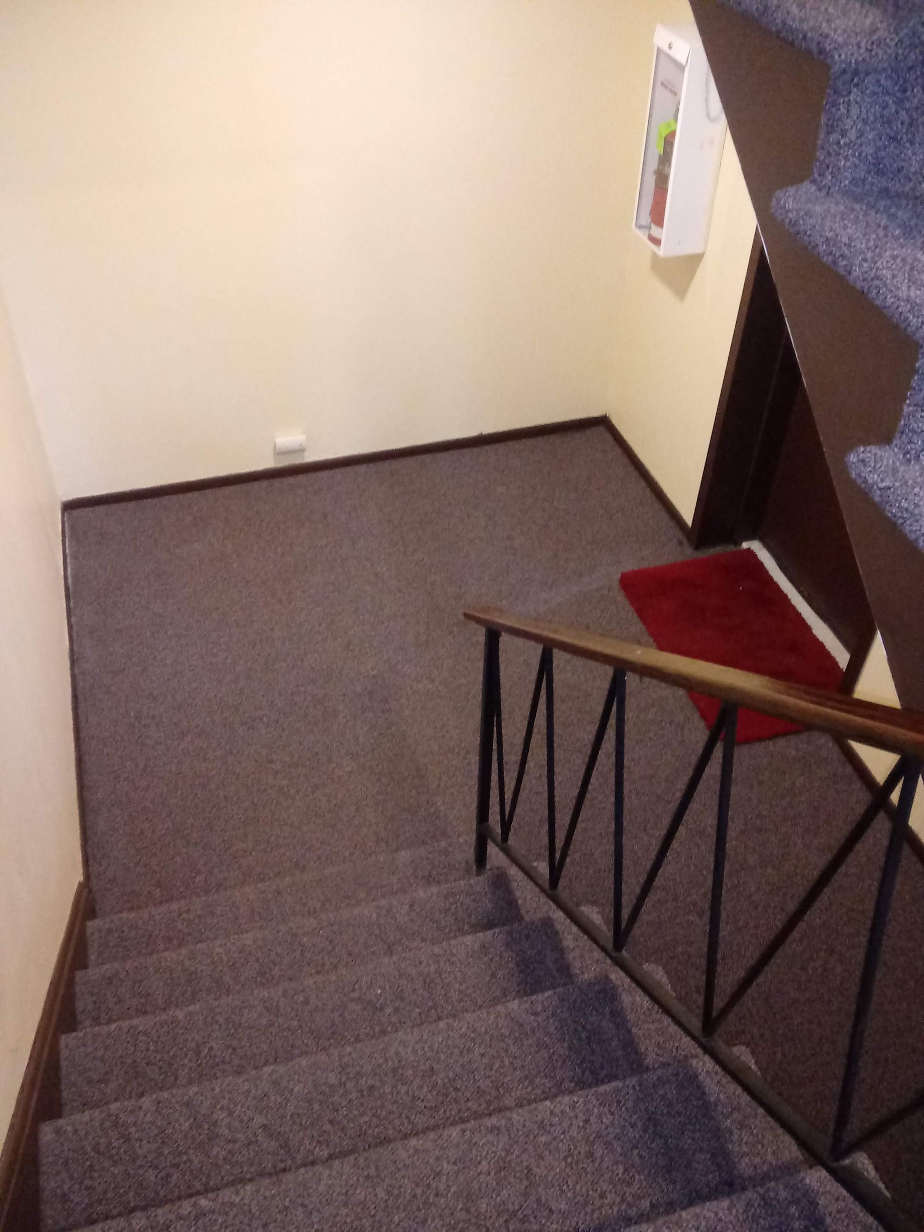 Top of a carpeted stairwell with a black railing and a red chair in the corner below.