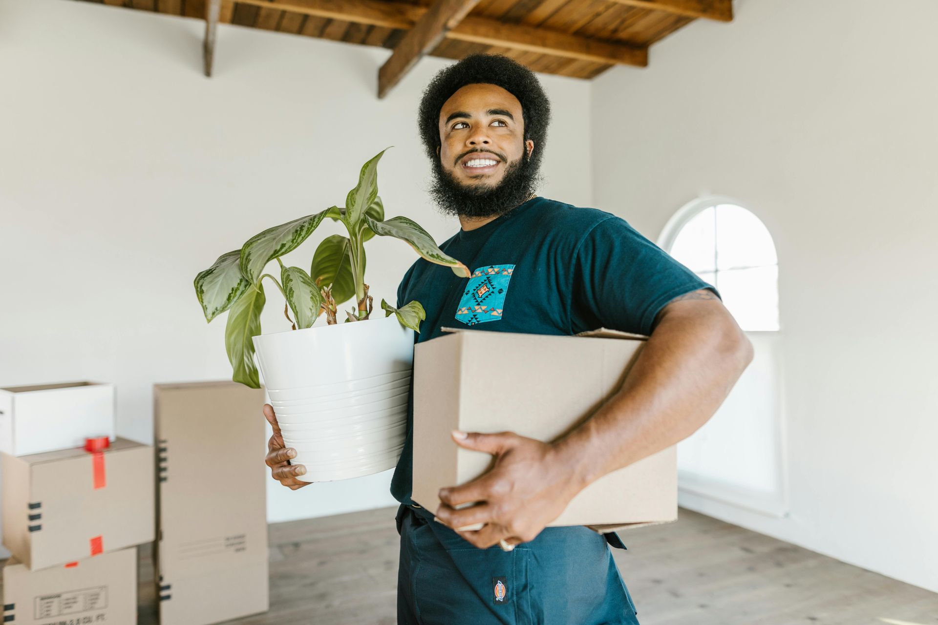 Person carrying a box and a potted plant in a bright room with moving boxes.