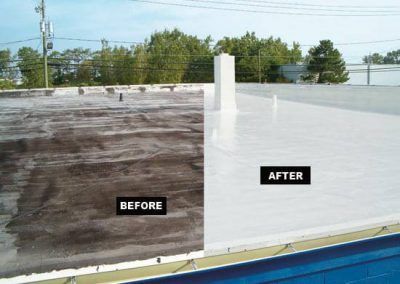 A before and after picture of a roof with trees in the background