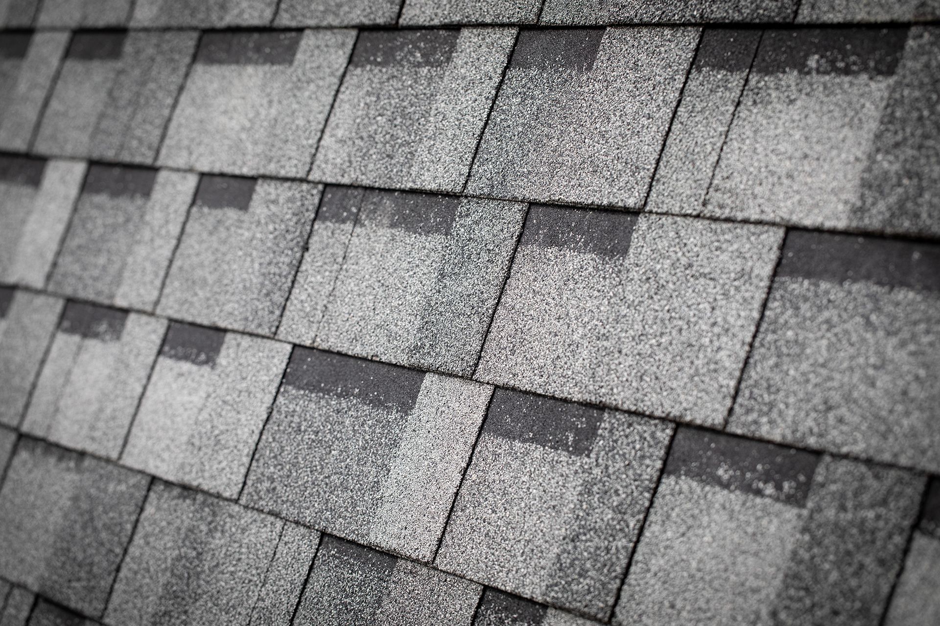 A black and white photo of a roof with shingles.