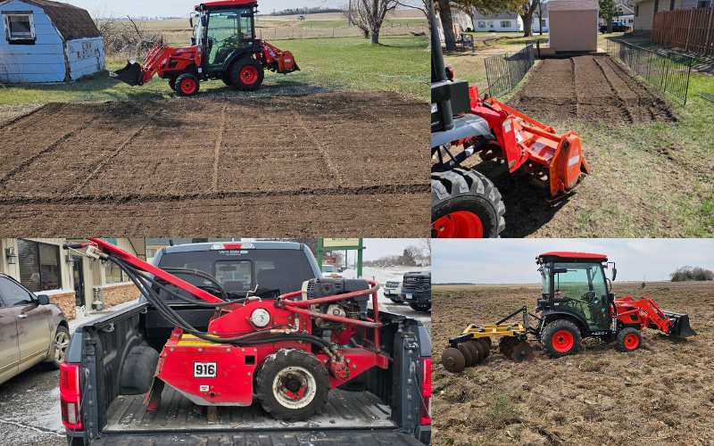 Tractor plowing a garden. Several views show the tractor with different attachments, working soil in a yard.