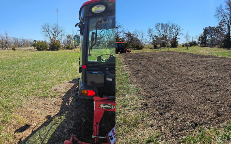 Tractor plowing a garden. Several views show the tractor with different attachments, working soil in a yard.