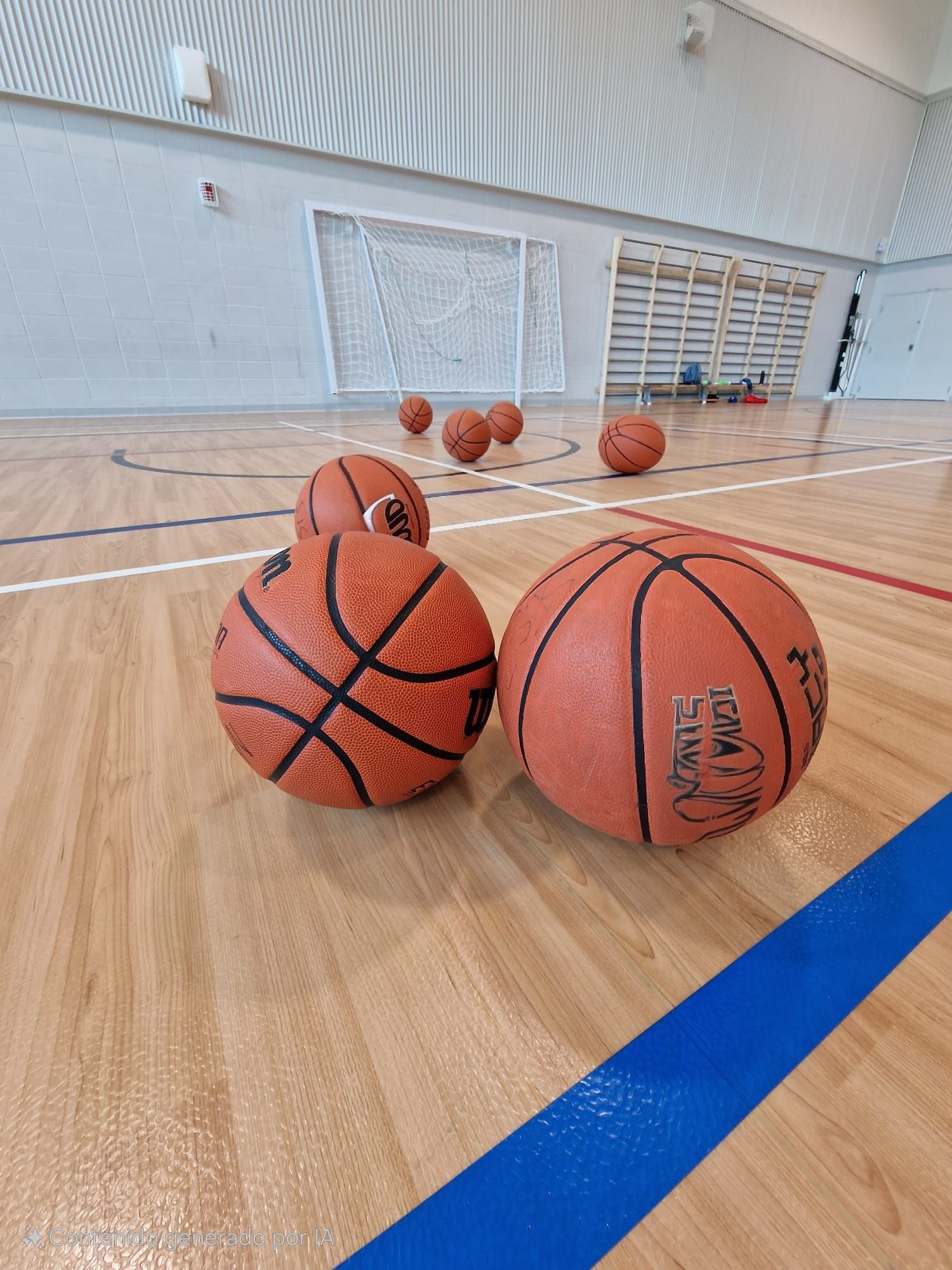 Basketballs on a wooden court, some in the foreground and more scattered toward a distant goal. Blue and red court lines are visible.