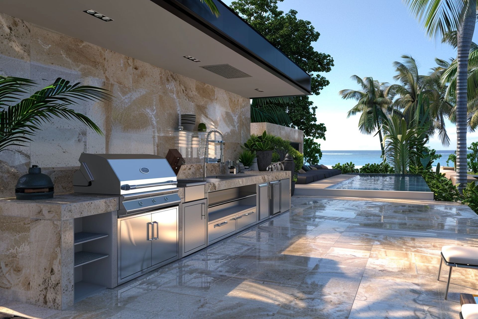 An outdoor kitchen with a grill and a view of the ocean