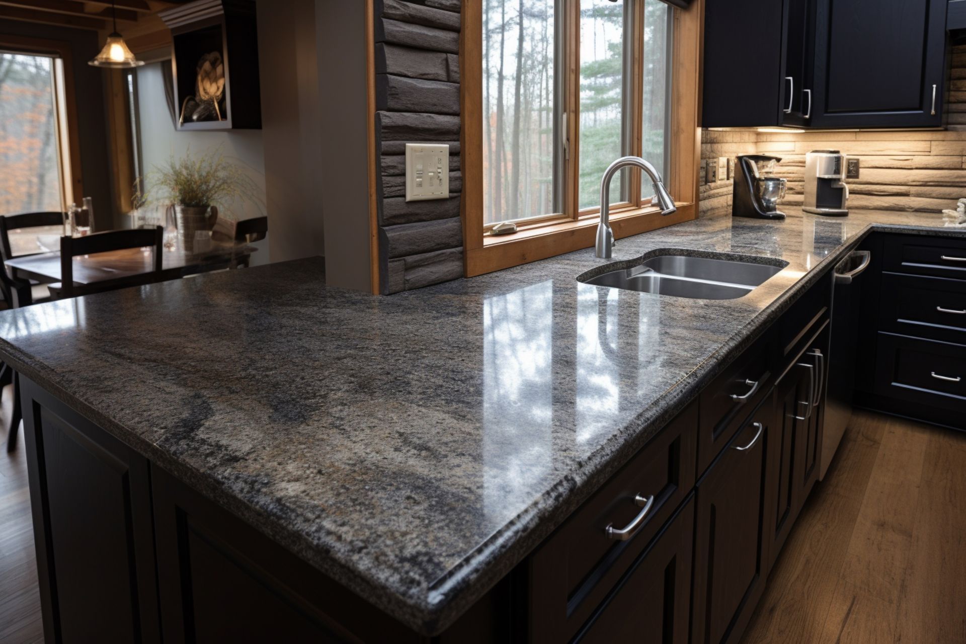 A kitchen with a granite counter top and a sink.