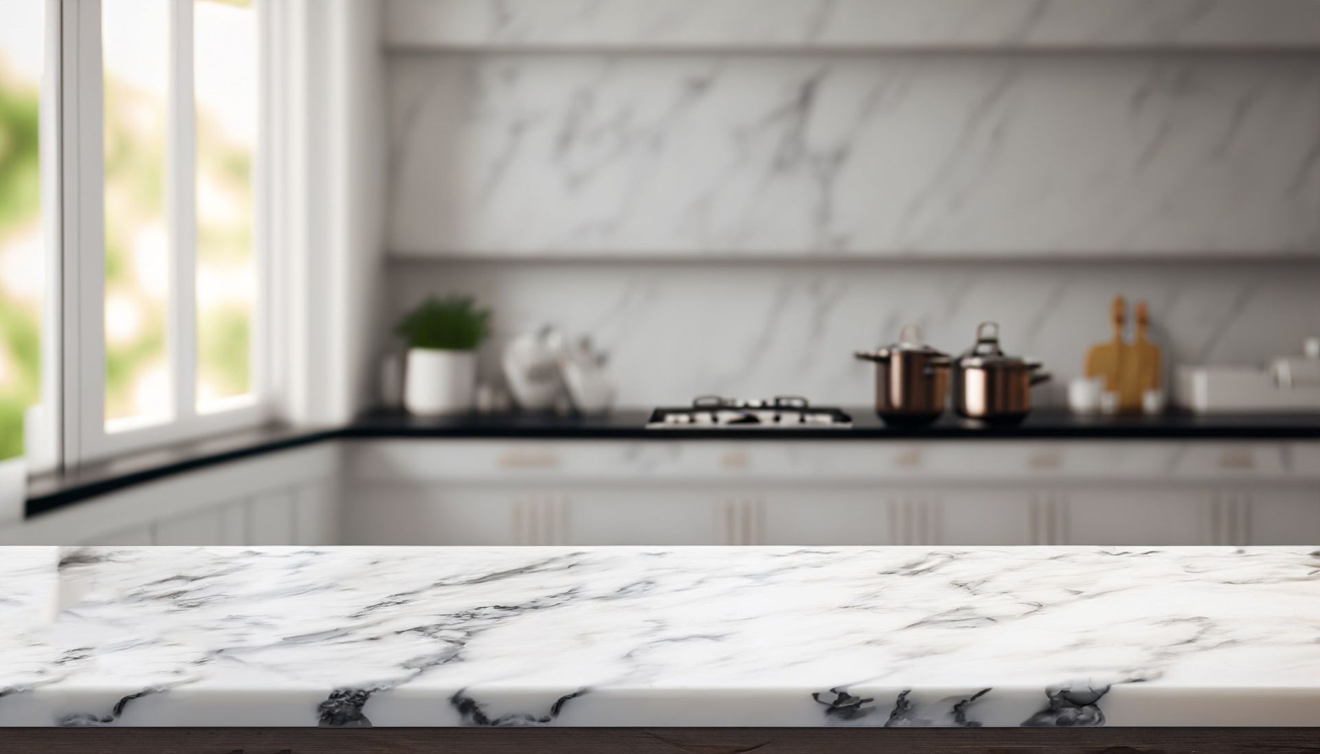 There is a marble counter top in the foreground and a kitchen in the background.