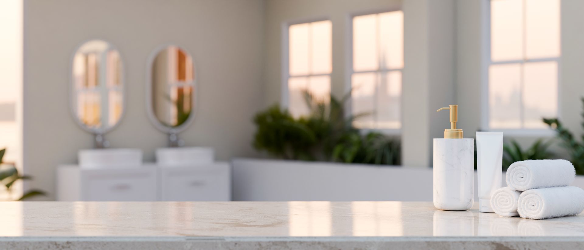A bathroom with two sinks , two mirrors and a marble counter top.