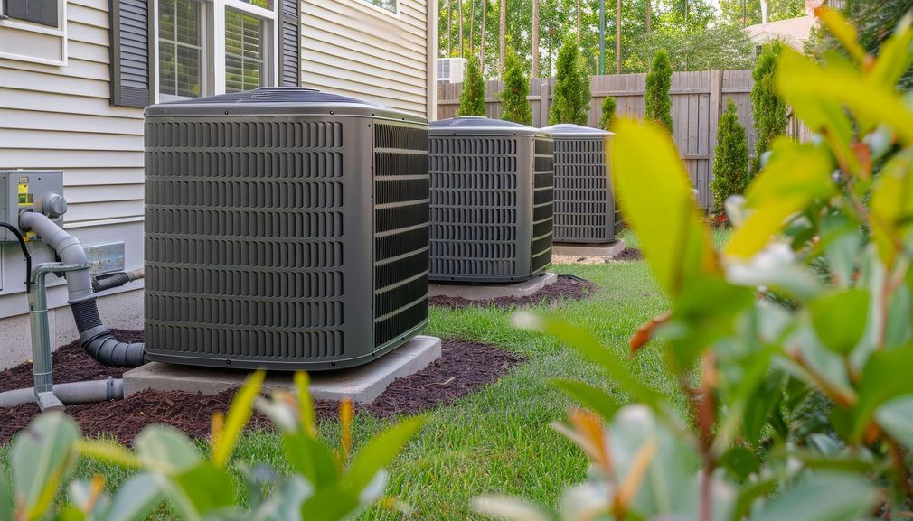 Outdoor air conditioning units beside a house, partially framed by green shrubs and mulch
