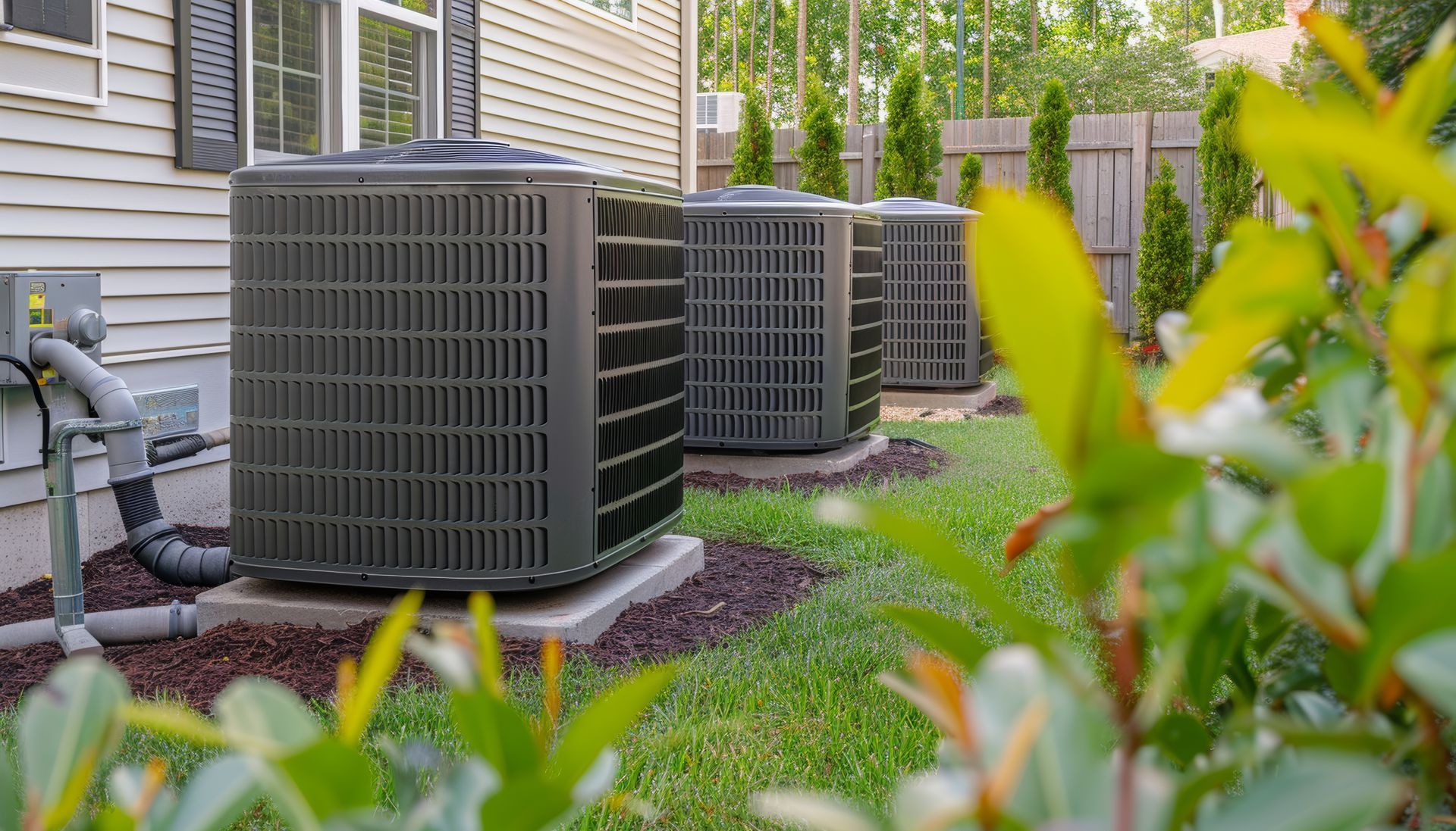Outdoor HVAC units beside a house, surrounded by mulch and green shrubs