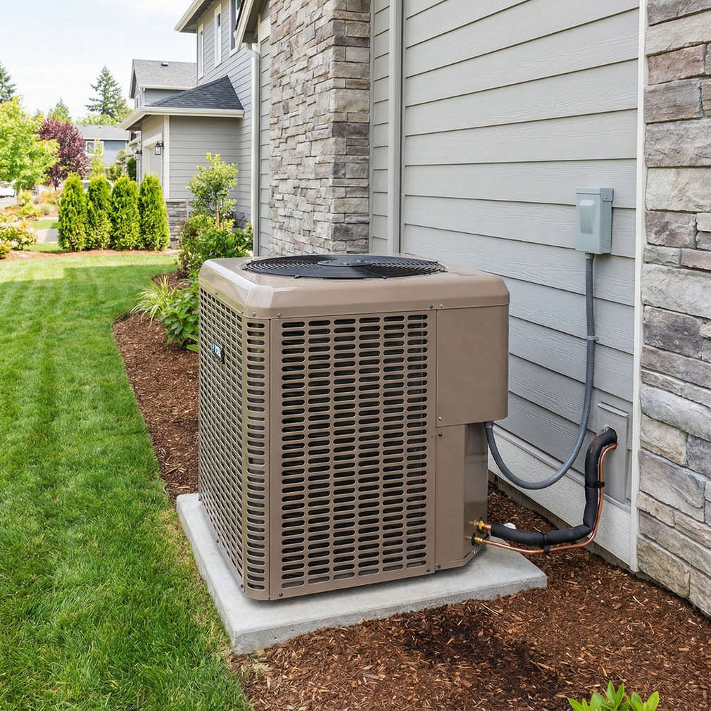 Outdoor air conditioning unit beside a house wall with gravel and lawn landscaping