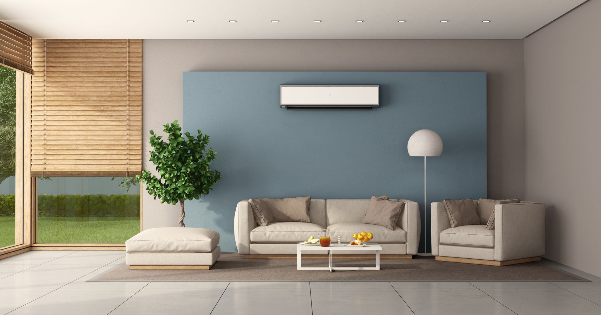 Modern living room with beige sofa, blue accent wall, large window, plant, and coffee table