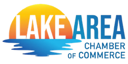 Lake Area Chamber of Commerce logo with orange sun, blue waves, and black-and-blue text