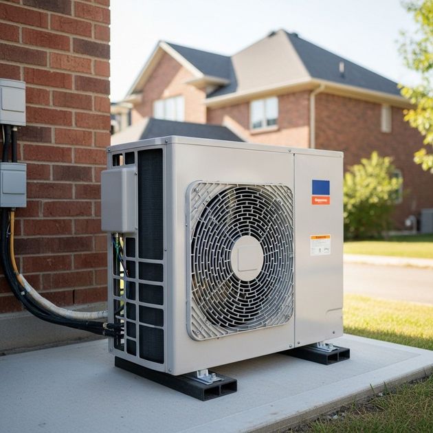 Outdoor heat pump unit beside a brick house on a concrete pad, with suburban homes in the background