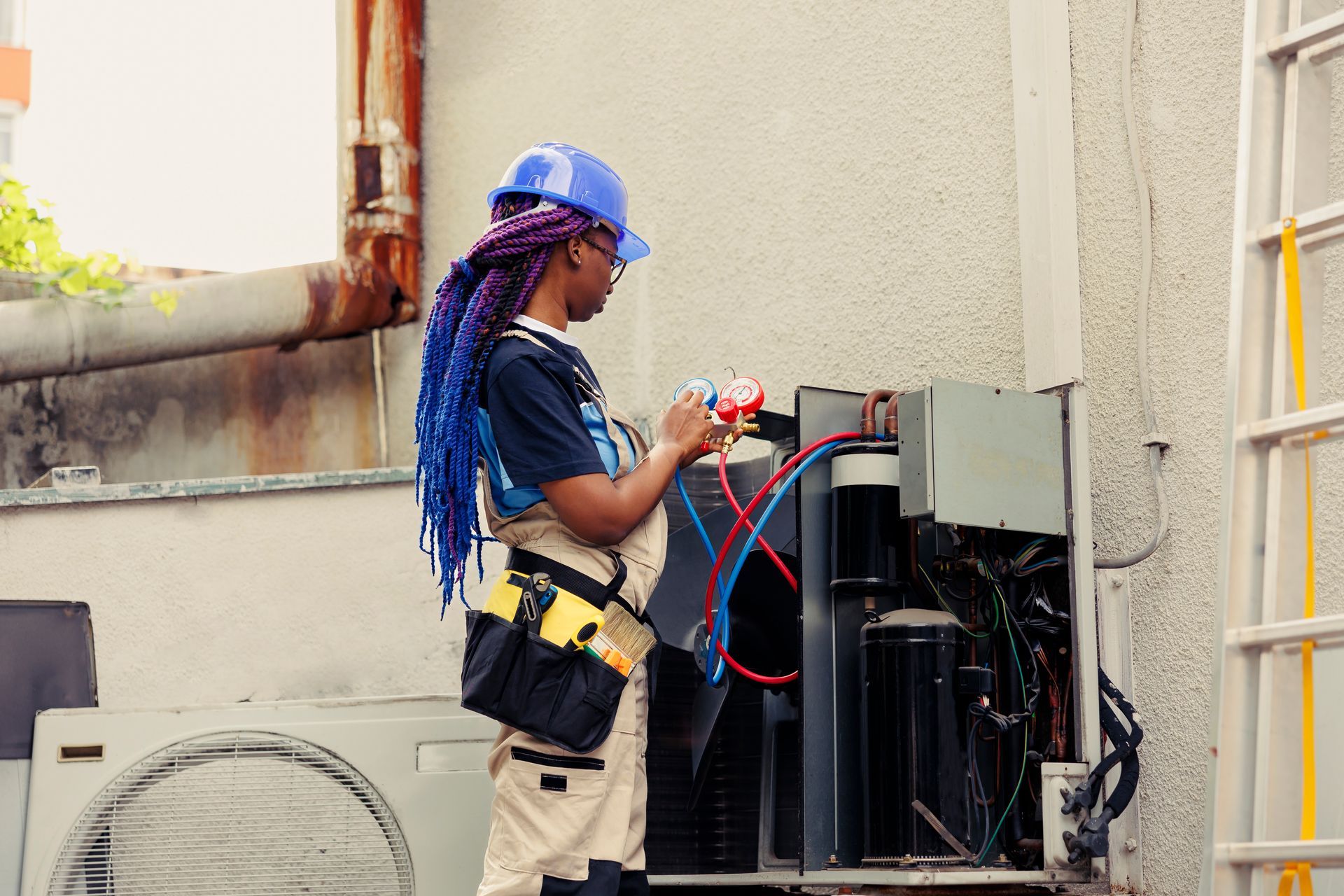 A woman with blue dreadlocks is working on an air conditioner.