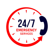 24/7 emergency services logo with red clock and navy phone icon