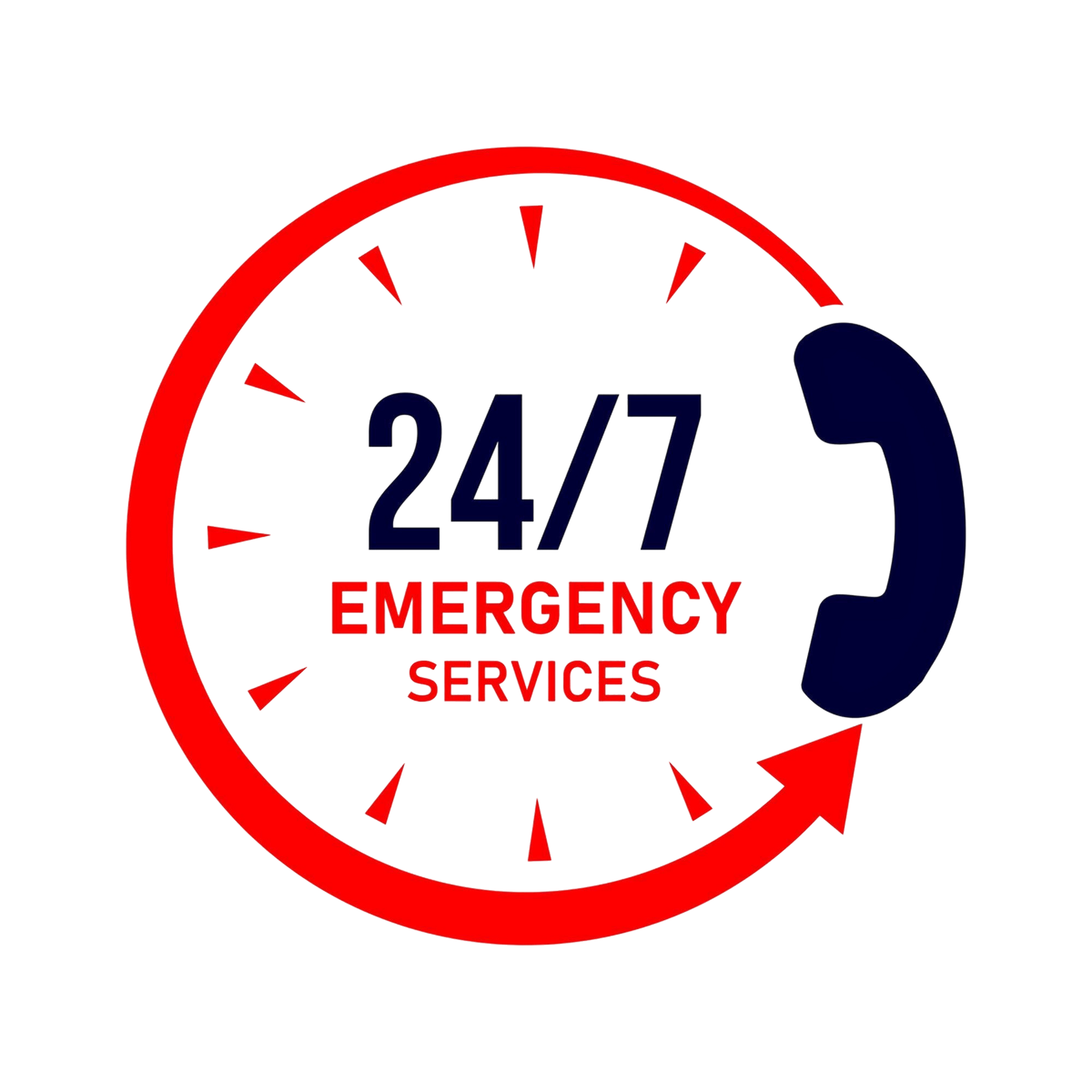 A logo for 24/7 emergency services with a clock and a phone.
