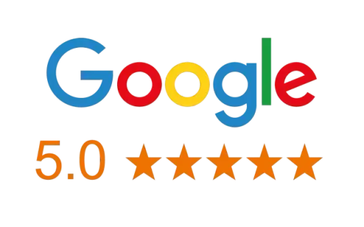 Google rating graphic showing 5.0 stars in orange
