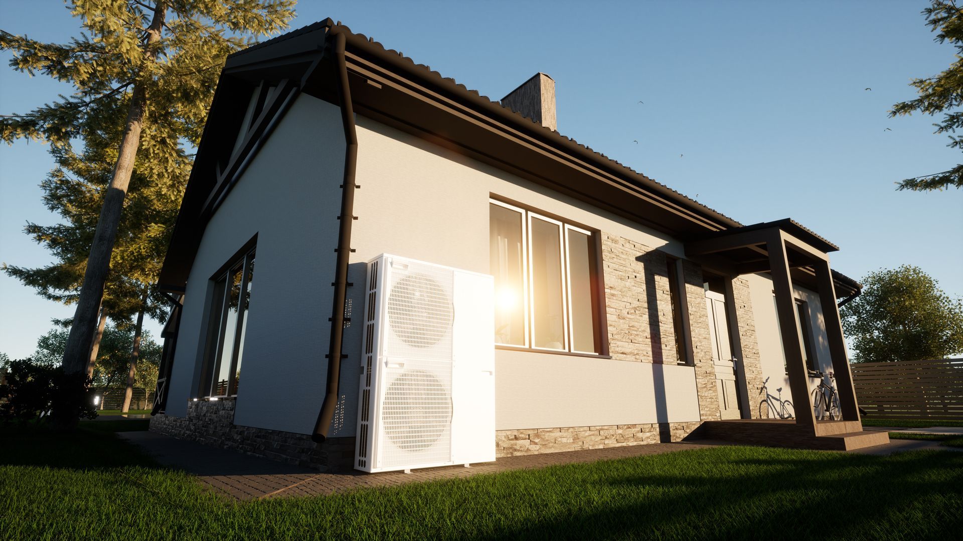 Modern house exterior with white walls, dark roof, and a sunlit garden at sunset