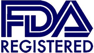 a blue fda registered logo on a white background
