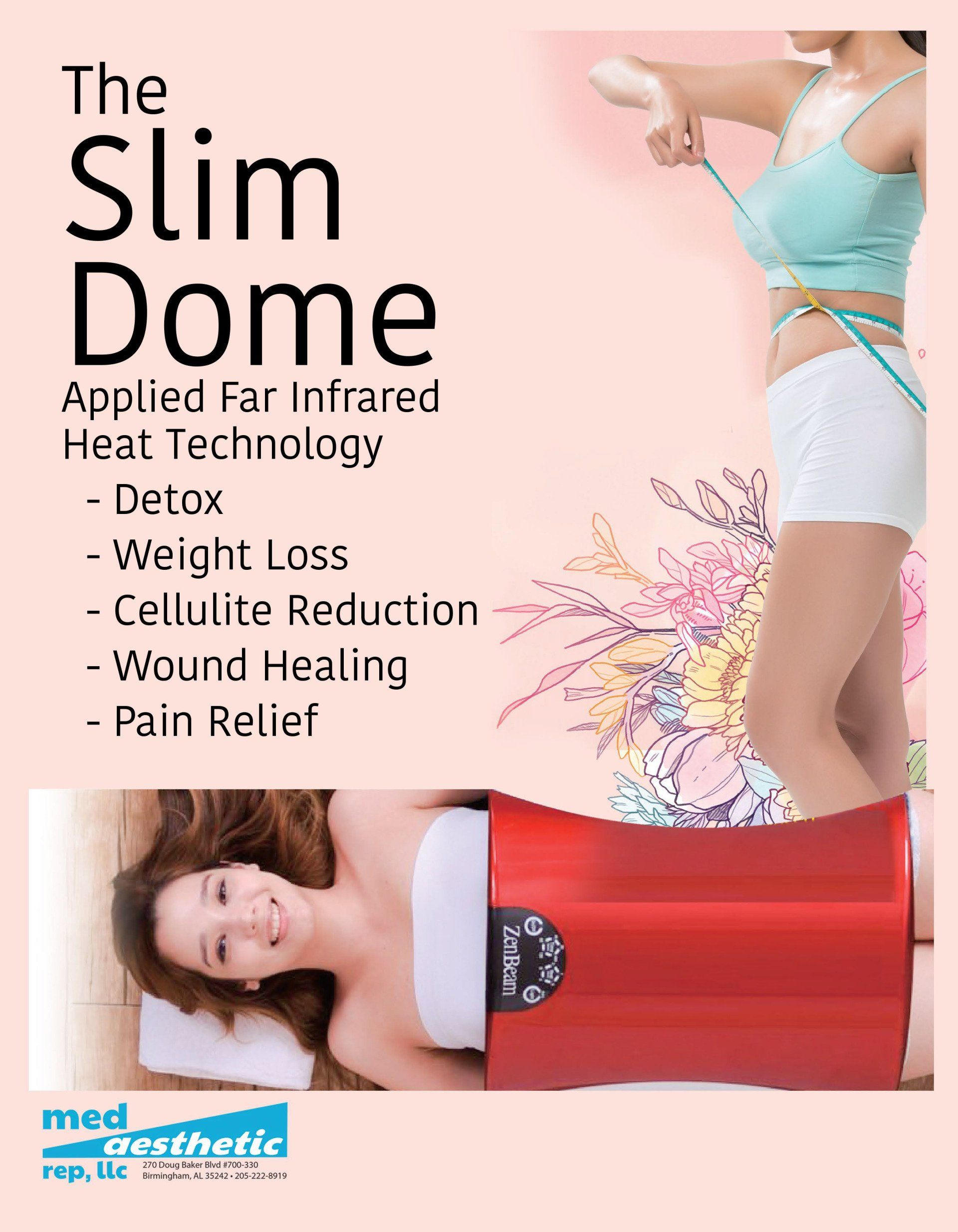 an ad for the slim dome shows a woman measuring her waist