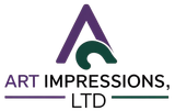 The logo for art impressions ltd is purple and green.