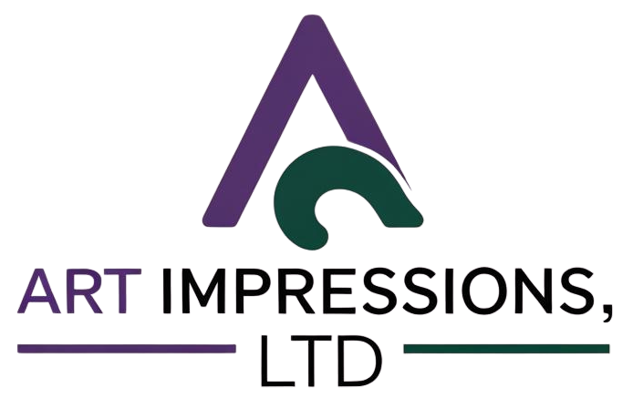 The logo for art impressions ltd is purple and green.