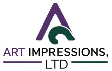 The logo for art impressions ltd is purple and green.