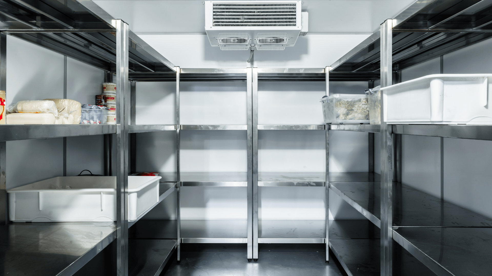 Stainless steel commercial walk-in cooler with shelves — Allchin Airconditioning & Refrigeration Electrical in Caloundra, QLD