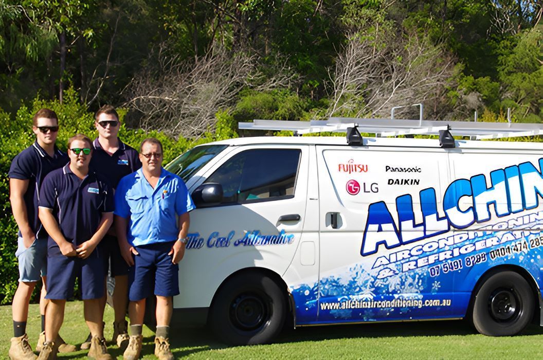 A Group of Men Are Standing in Front of A Van — Allchin Airconditioning & Refrigeration Electrical in Caloundra, QLD