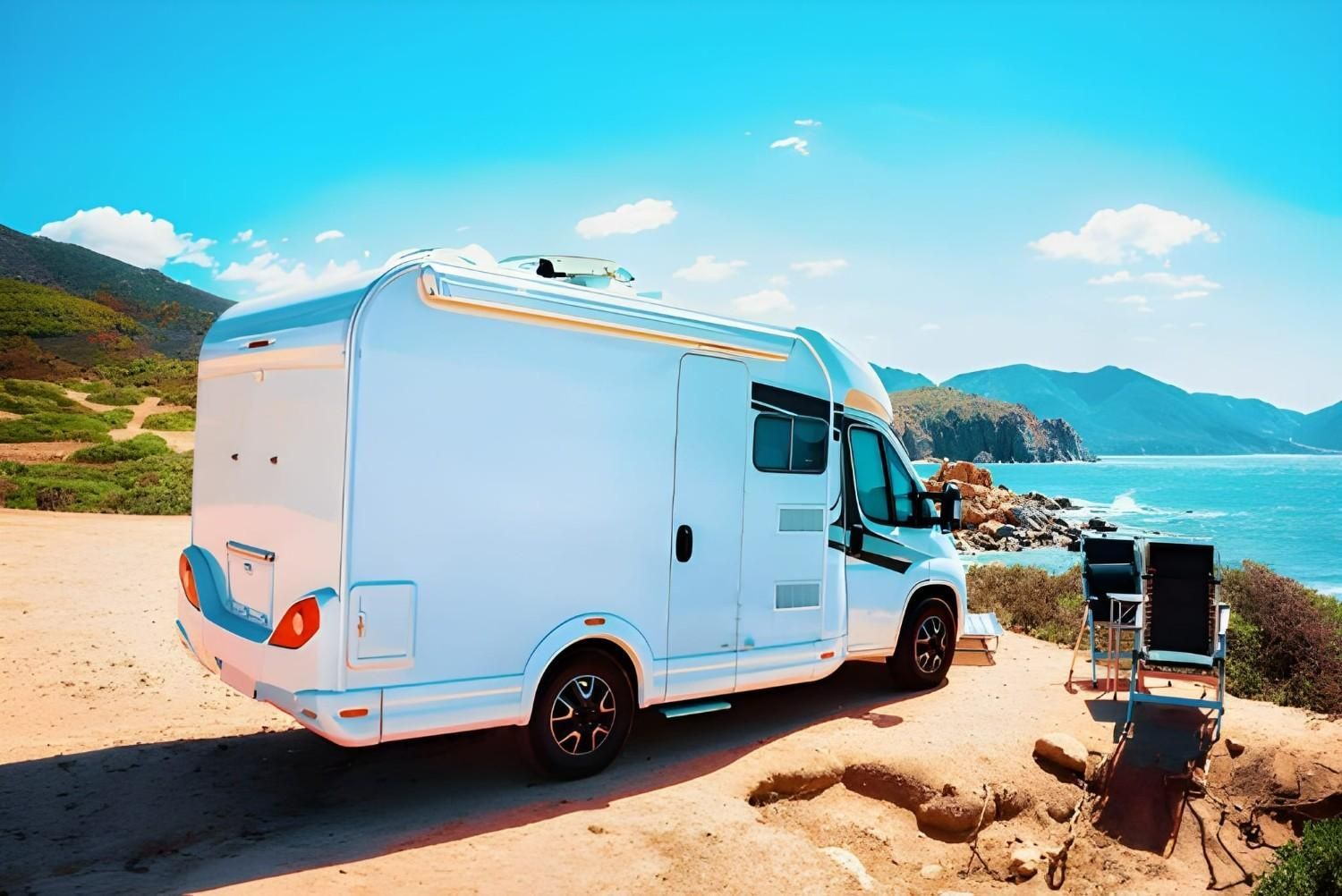 A White Rv Parked on A Sandy Beach with Ocean View — Allchin Airconditioning & Refrigeration Electrical in Maroochydore, QLD