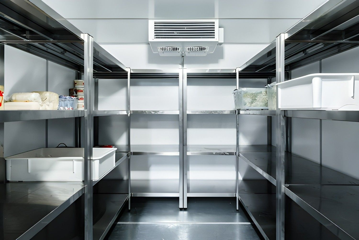 Stainless Steel Shelves in A Cold Storage Room — Allchin Airconditioning & Refrigeration Electrical in Maroochydore, QLD