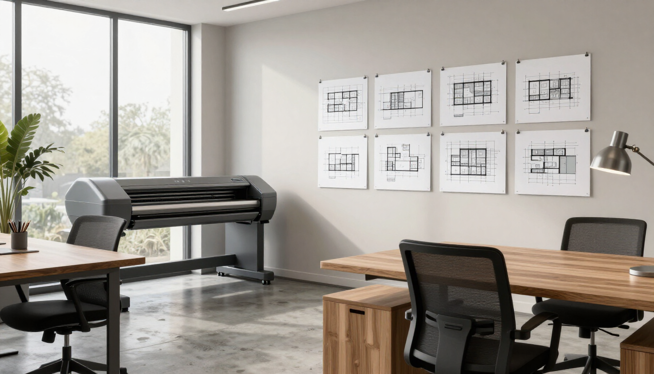 Birou design cu planuri plotate