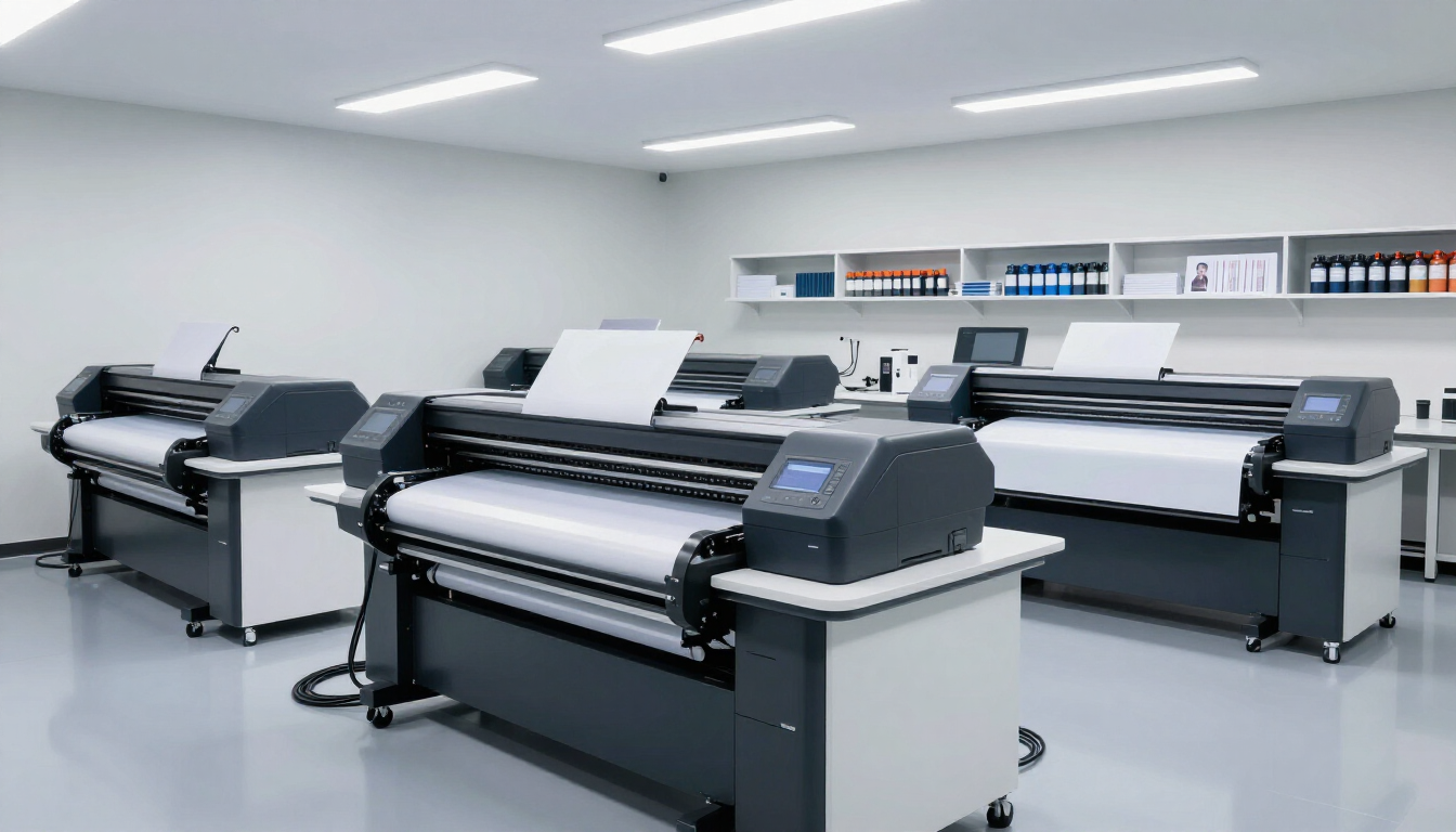Echipamente profesionale de printare și plotare într-un laborator modern.