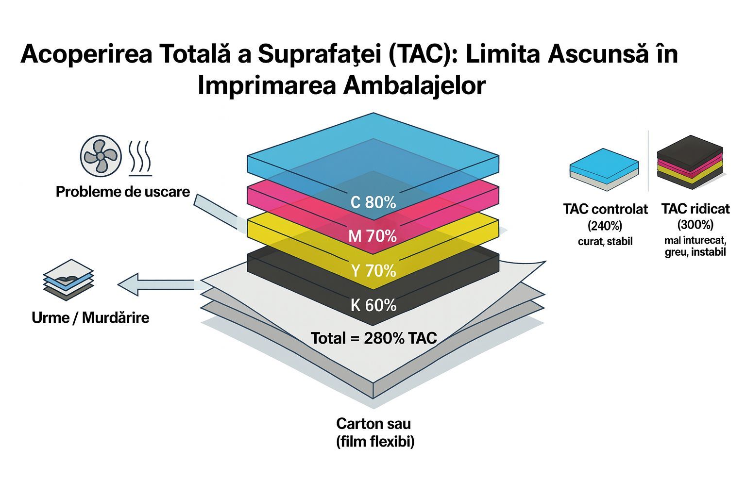 Diagrama TAC pentru substraturi de ambalaje: valori CMYK și limite recomandate pentru film flexibil 
