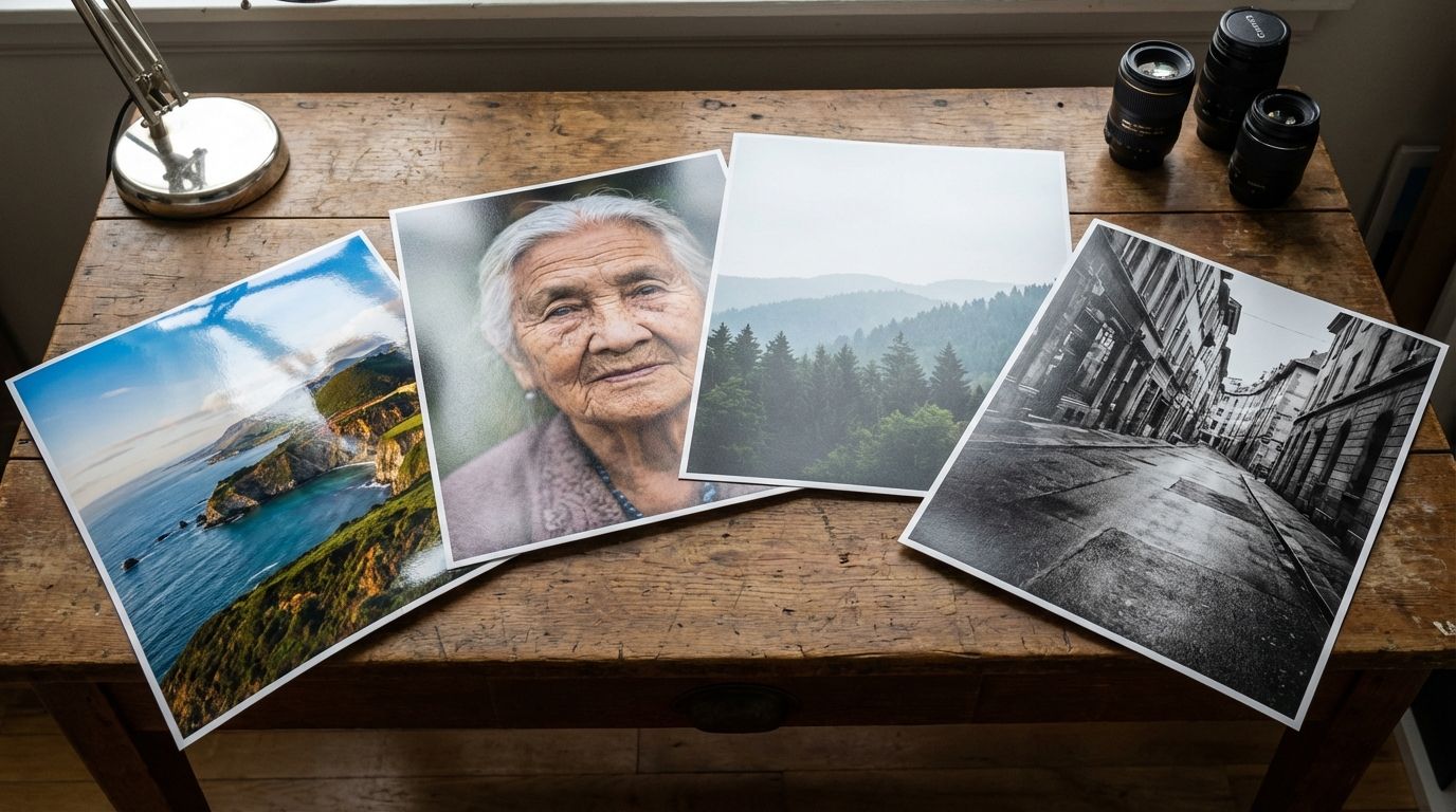 Hârtie fotografică premium lustre 260g lângă un telefon mobil cu o poză color printată.