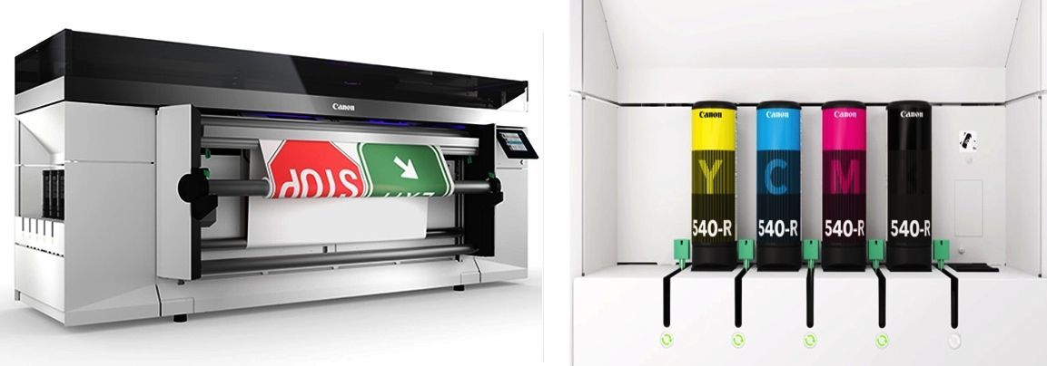 Canon Colorado M-Traffic imprimantă roll-to-roll 1,6 m cu cerneluri UVgel 540-R, compatibilă 3M™ MCS™, pentru producție de semnalizare rutieră reglementată.