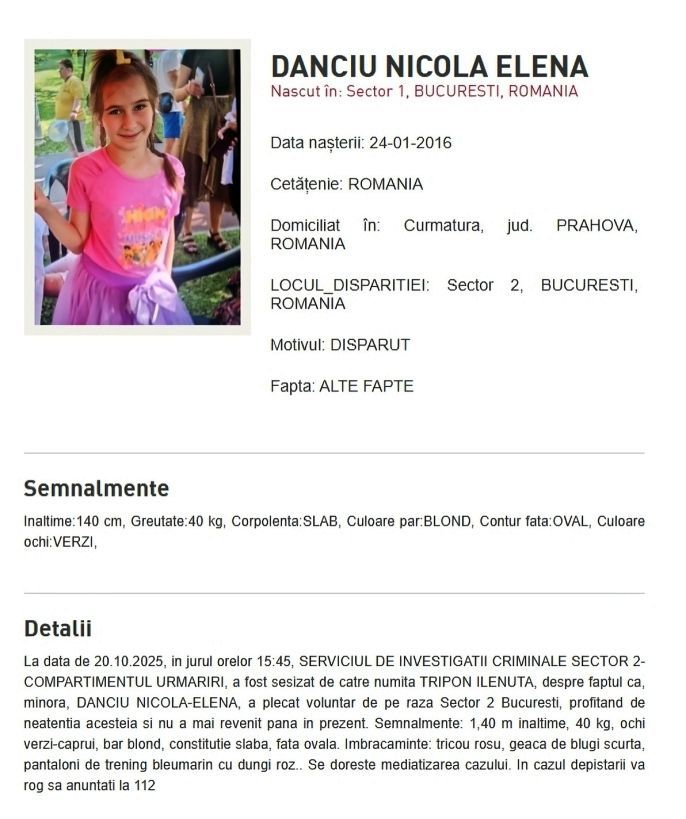 Apel urgent pentru găsirea unei minore în București
