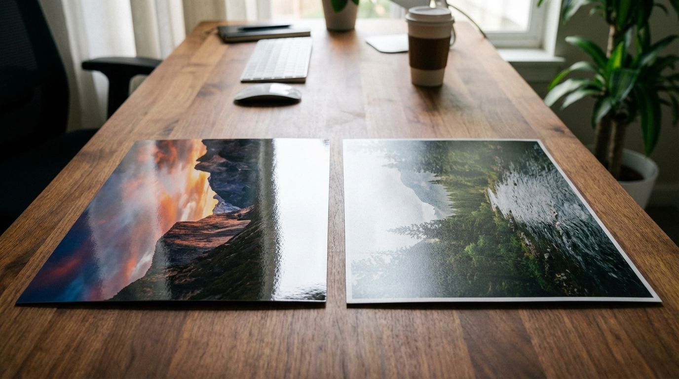 Comparație hârtie foto Glossy vs Luster Satin: reflexie lumină, textură suprafață și vibranța culori
