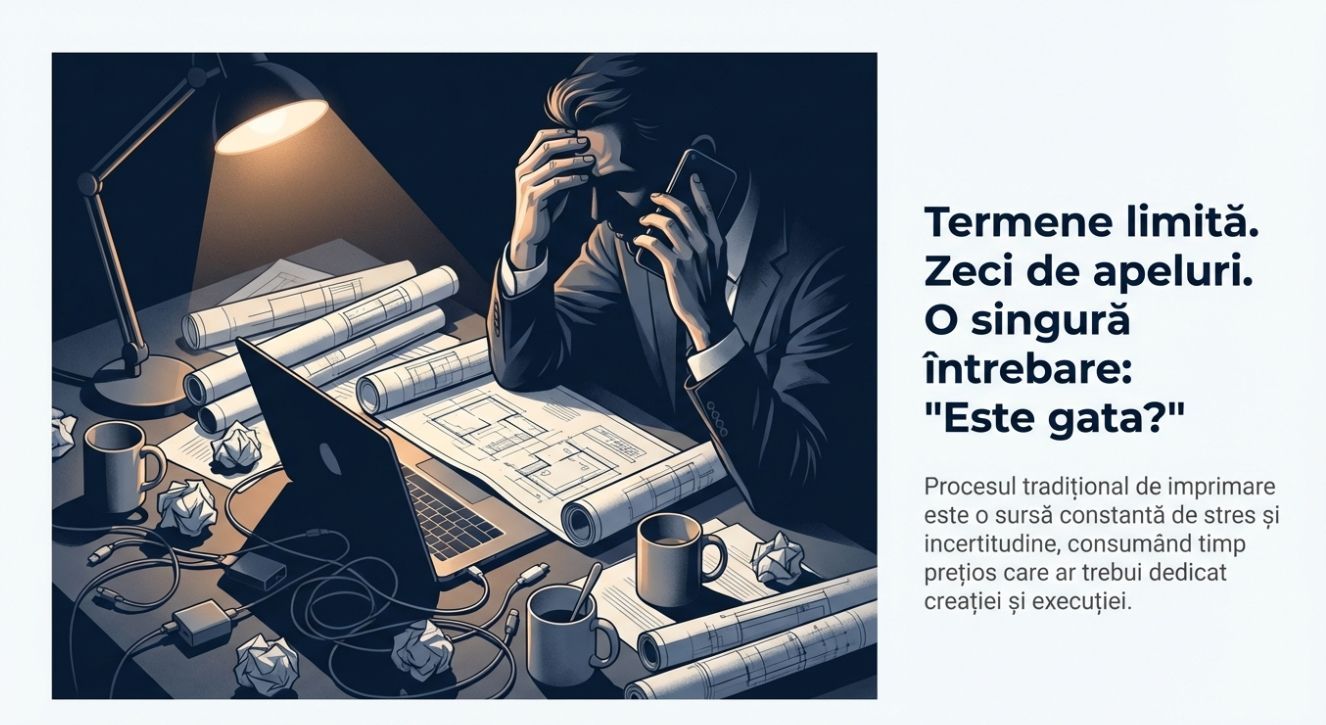 Acest text reprezintă o solicitare specifică adresată unui instrument de inteligență artificială generativă pentru crearea unei ilustrații vizuale. Utilizatorul dorește o imagine care să sugereze conceptul de programări digitale destinate exclusiv serviciilor de imprimare și plotare oferite prin internet. Mesajul subliniază importanța fluxului de lucru online, eliminând necesitatea interacțiunii fizice pentru plasarea comenzilor tehnice. Prin acest scurt fragment, se urmărește vizualizarea modernizării unui domeniu tradițional prin intermediul tehnologiei de automatizare. Această cerință reflectă nevoia de a comunica vizual eficiența platformelor moderne de tipărire la distanță.