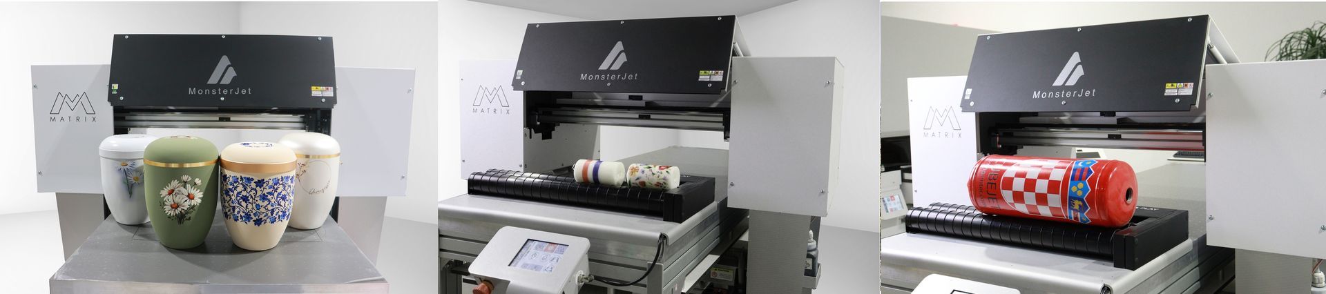 Imprimantă UV Matrix cu atașament Rotax pentru imprimare cilindrică 360° pe obiecte rotunde și conic