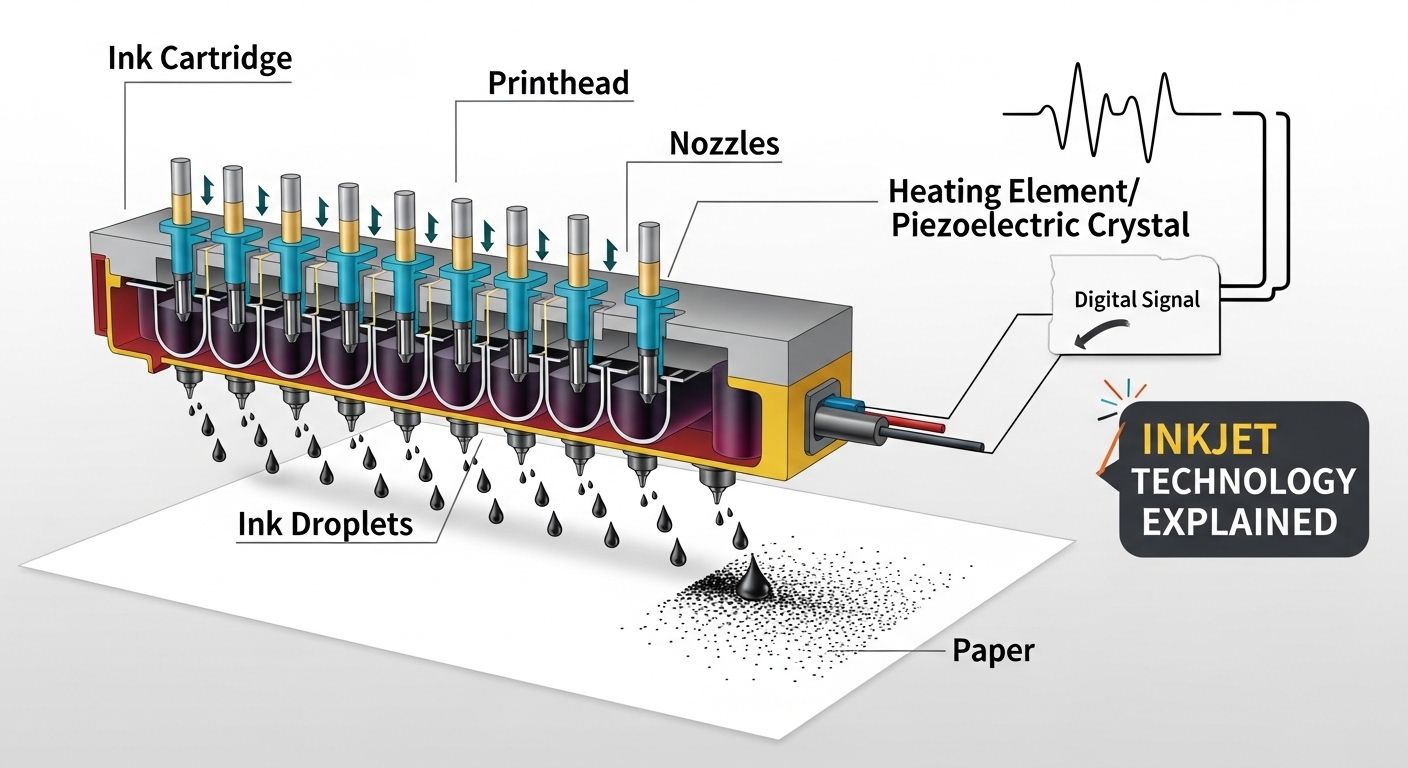 Tehnologia Inkjet pulverizează picături mici de cerneală direct pe material. 