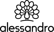 Ein schwarz-weißes Logo für eine Firma namens Alessandro mit einem Pfau darauf.